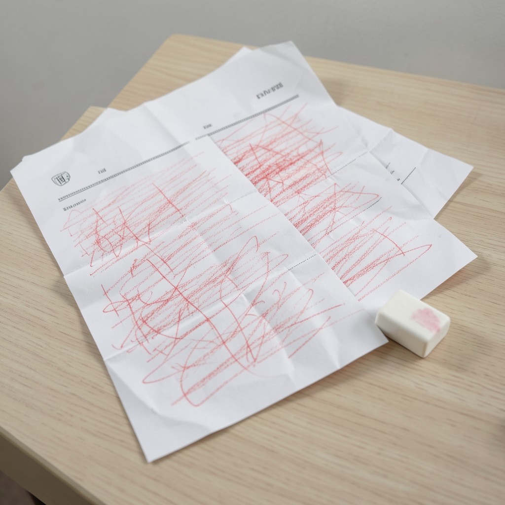 Curriculum impreso con marcas de revisión en rojo suave