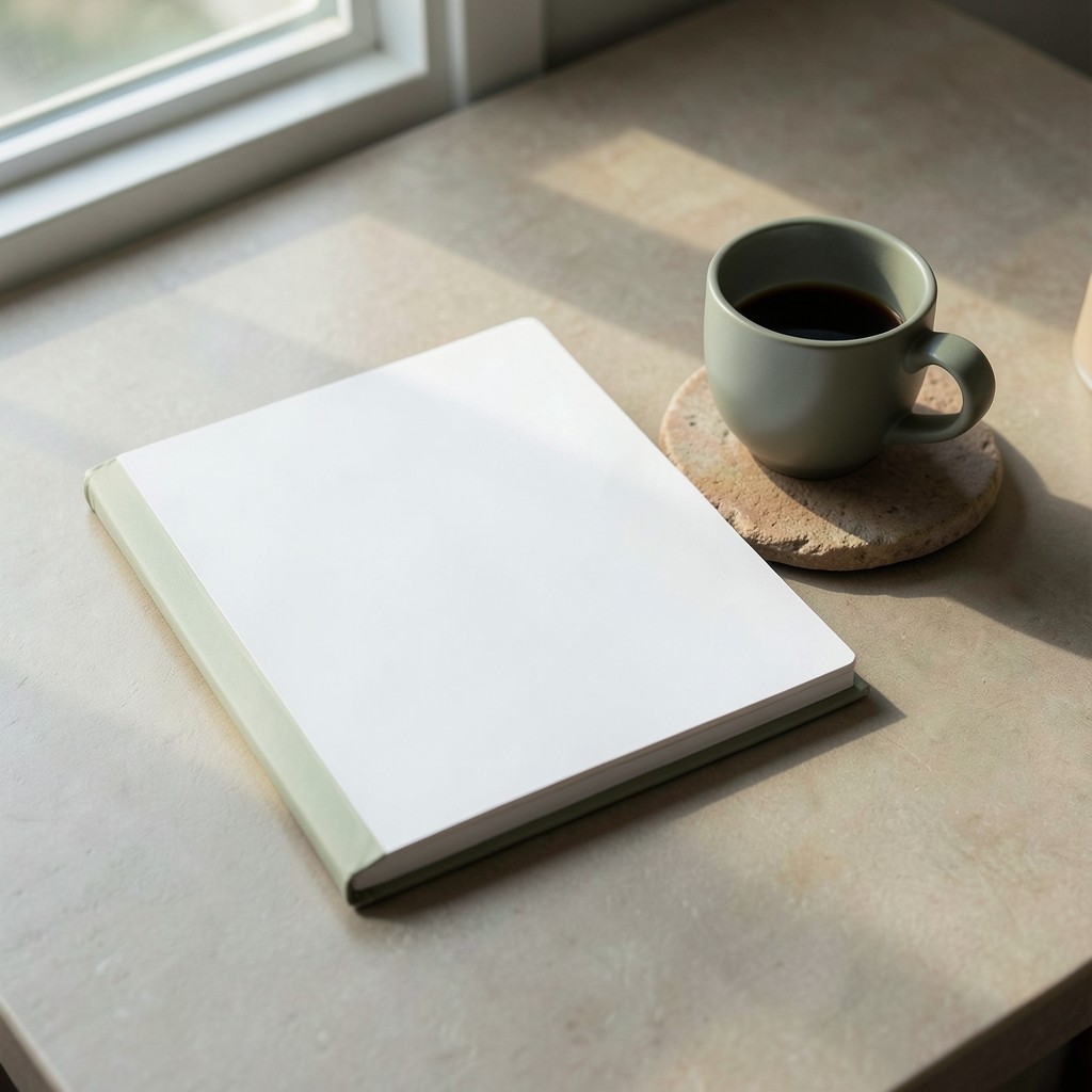 Mesa de trabajo ordenada con agenda abierta y taza de café