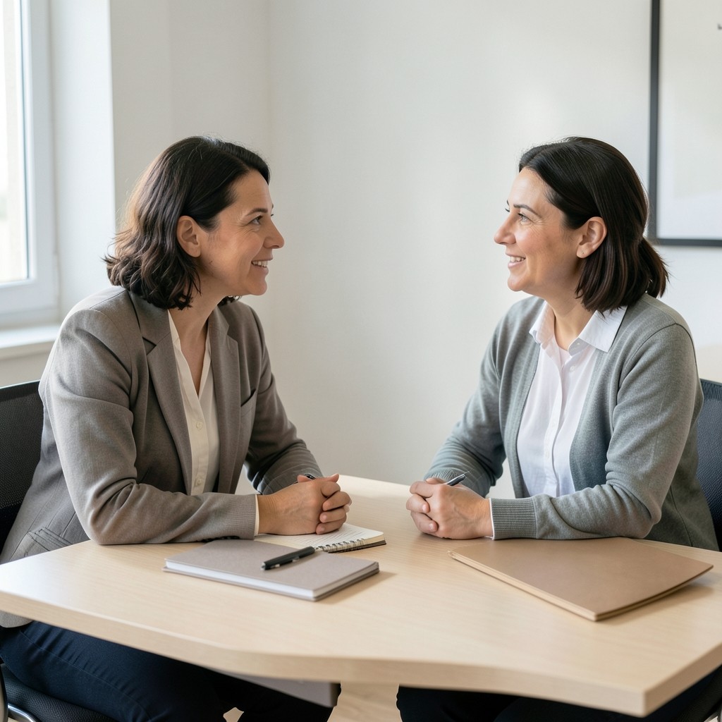 Orientadora laboral conversando con una persona en una mesa de trabajo